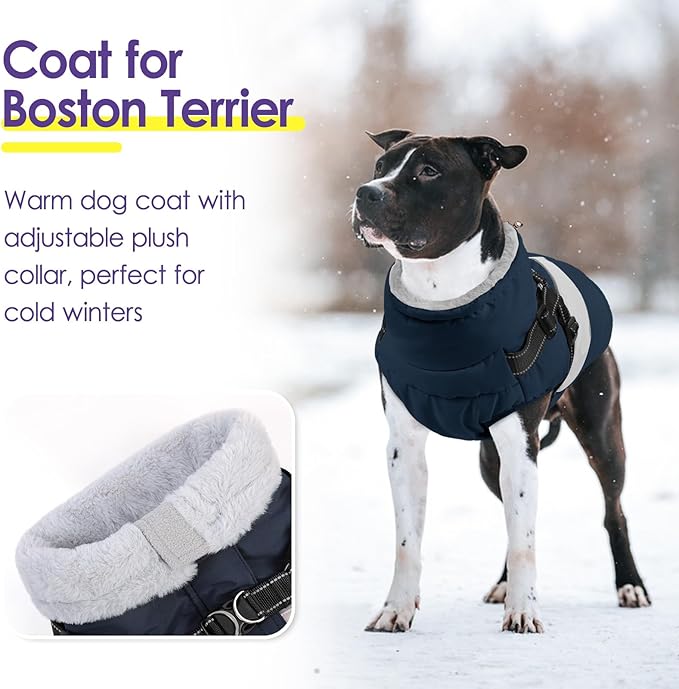 SUNFURA Dog Winter Coat, Waterproof Dog Coat Jacket with Harness for Medium Dogs Boys Girls, Reflective Fleece Lined Pet Snow Jacket Sweaters for Pug, Jack Russel, Boston Terrier, Navy Blue M