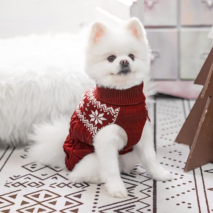 Warm Winter Pink Dog Sweater - Cold Weather Pet Clothes for Small Medium Large Dogs Indoor Outdoor, Soft Classic Knit Puppy Apparel Coat, Dark Red, SM