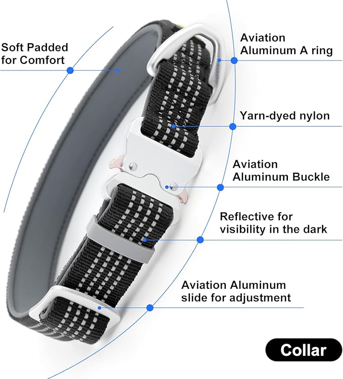 Plutus Pet Reflective Dog Collar with Aviation Aluminum Buckle, Neoprene Padded for Comfort, Lightweight, Heavy Duty Nylon Collar for Puppy Small Medium Large Dogs (Black, S)