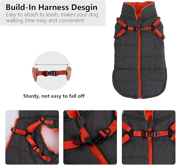 Geyecete Winter Warm Coat Waterproof Dog Winter Jacket with Harness Traction Belt,Windproof Pet Outdoor Jacket Dog Autumn-Gray-M