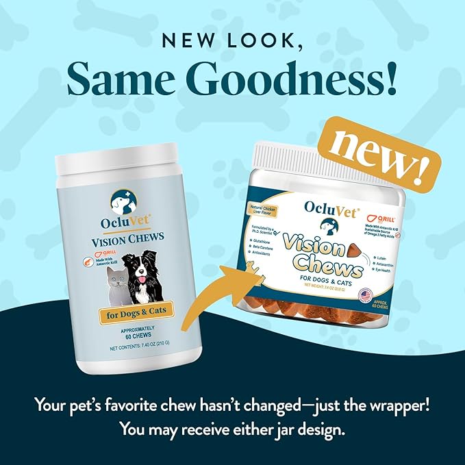 Vision Chews Eye Supplements for Dogs & Cats with Omega 3 Krill, Astaxantin, Choline, Lutein, Glutathione, Cat Vision Supplement & Dog Eye Supplements, Chicken Liver Flavor, 60 Chews, 3.5g Each