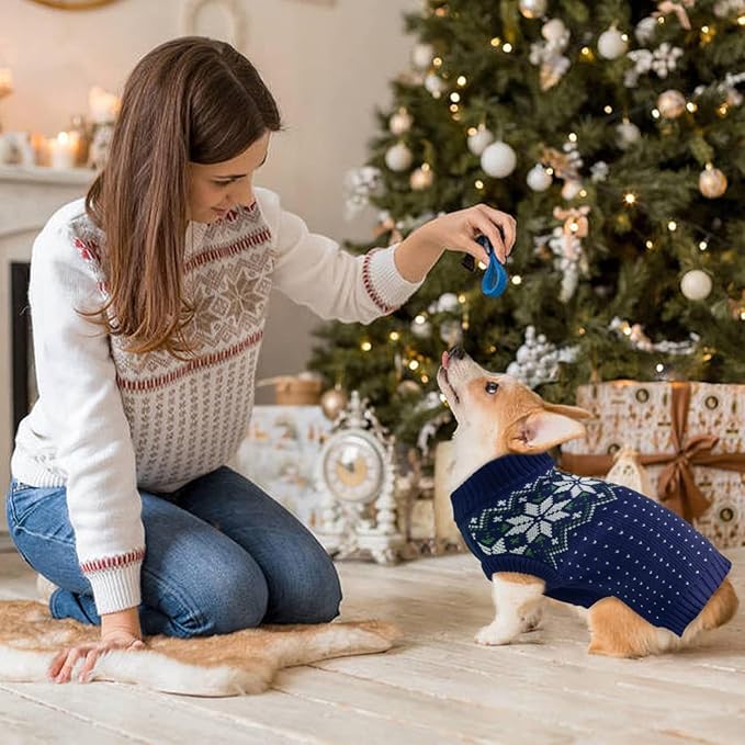 Kuoser Dog Sweater, Holiday Christmas Snowflake Pet Warm Knitwear Dog Sweaters Soft Puppy Clothing, Doggie Turtleneck Cold Weather Outfit Pullover for Small Medium Large Dogs Cats, Blue M