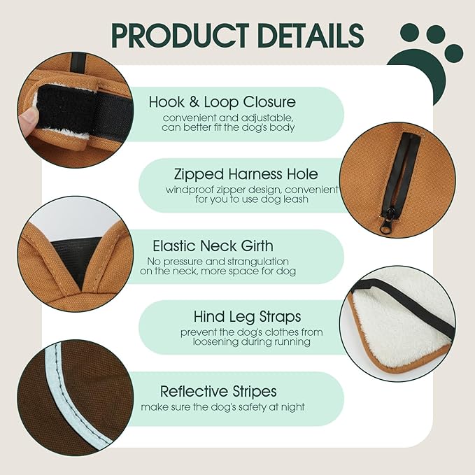 Kuoser Canvas Dog Coat, Warm Dog Jacket Reflective Fleece Pet Cold Weather Coat, Warm Doggie Clothes Waterproof Winter Vest with Zipper Leash Hole for Small Medium Large Dogs, Brown 3XL