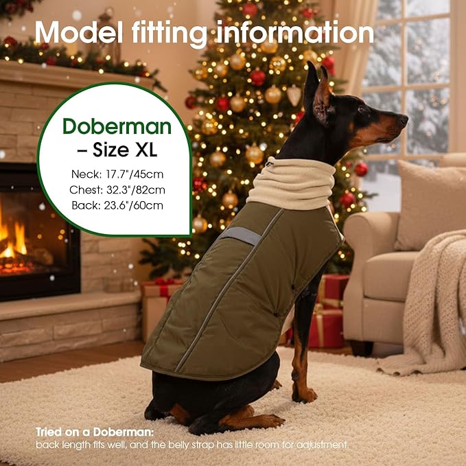 ASENKU Dog Coat, Dog Winter Jackets with Fleece Turtleneck, Windproof, Reflective Pet Snow Jacket for Cold Weather, Coats for Large Dogs, Army Green, XL
