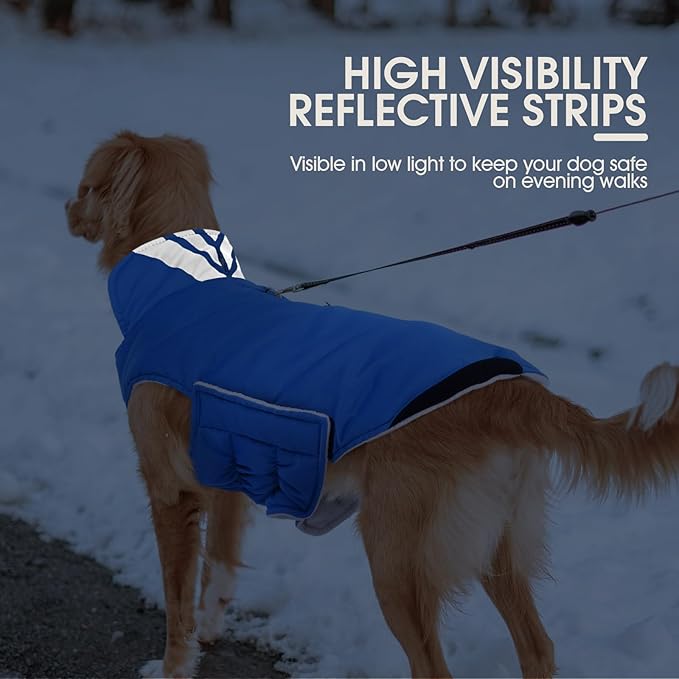 Kuoser Dog Coat Large, Cold Weather Reflective Waterproof Dogs Jacket with Warm Fleece Lining, Turtleneck Dog Winter Coat with Zipper, Doggy Snow Jacket Pet Coats for Small Medium Large Dogs, Blue L