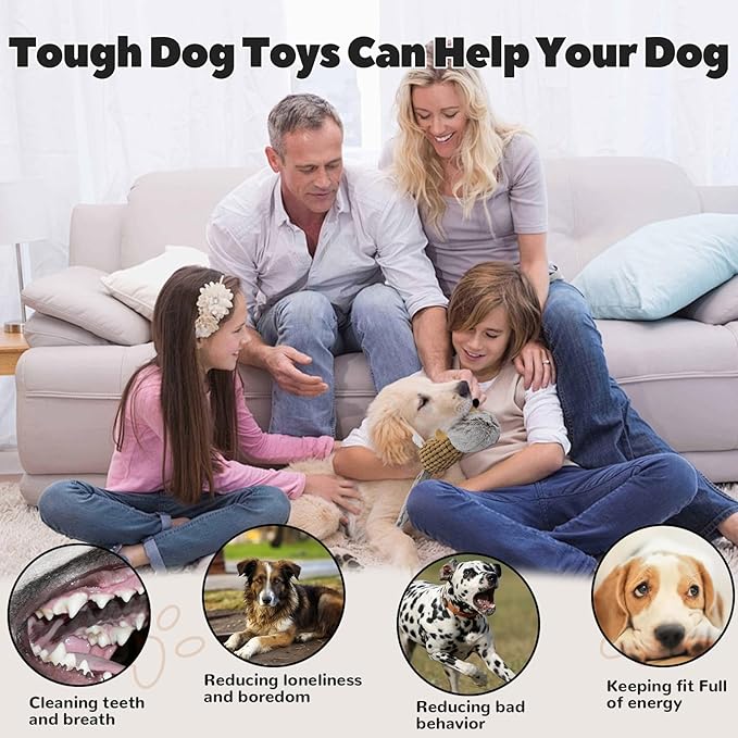 Crinkle Dog Toys Squeaky Plush No Stuffing Cute Puppy Stuffless Tough Rop Pull Toy, Fun Dog Stuffed Animals Durable Chew Set for Small Medium Large Pup (Large, Brown Squirrel)