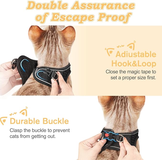 Cat Harness and Leash for Walking Escape Proof, Adjustable Kitten Vest Harness Reflective Soft Mesh Puppy Harness for Outdoor, Comfort Fit, Easy to Control (Black, L)