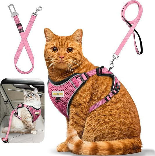 Cat Harness and Leash for Walking, Retractable Cat Harnesses and Leash Set Escape Proof, Breathable Soft Kitten Small Large Harness for Travel Training and Walking, Pink, M