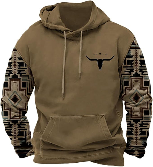 HOTYD Mens Western Aztec Sweatshirts Long Sleeve Fall Fashion Drawstring Pullover Vintage Graphic Cowboy Hoodie for Men