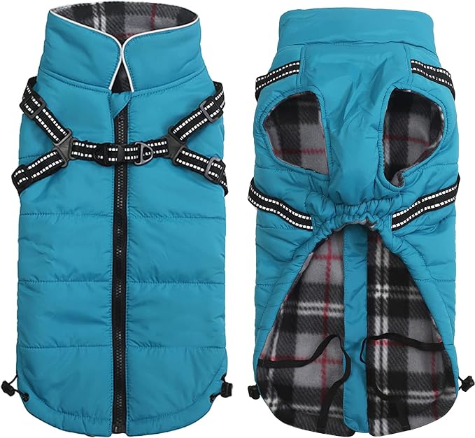 Geyecete Winter Warm Coat Waterproof Dog Winter Jacket with Harness Traction Belt,Pet Outdoor Jacket Dog Autumn and Winter Clothes for Medium, Small Dog-Blue-XXL