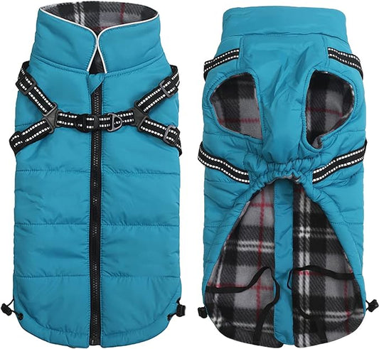 Geyecete Winter Warm Coat Waterproof Dog Winter Jacket with Harness Traction Belt,Pet Outdoor Jacket Dog Autumn and Winter Clothes for Medium, Small Dog-Blue-S
