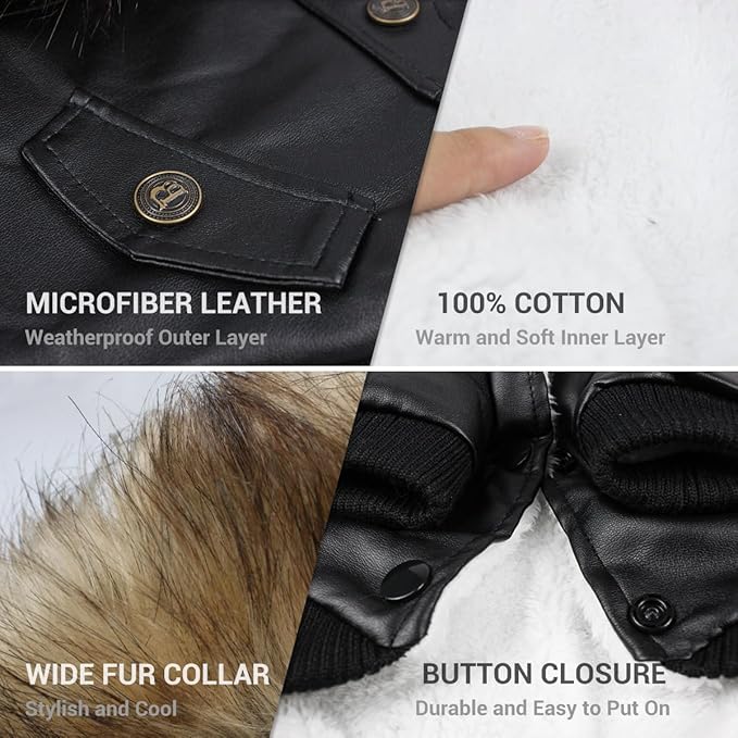 LESYPET Dog Leather Jacket for Small Dogs, Waterproof Dog Winter Jacket Puppy Coat with Fleece Lined, Ultra Warm Fur Collar Doggie Coat, Black X-Large