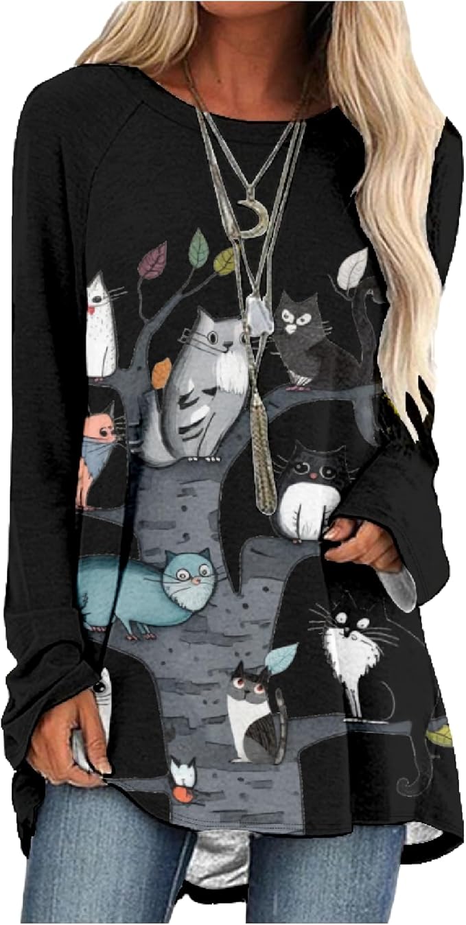 Womens Tunic Shirt Cute Cat Print Long Sleeve Round Neck Women T Shirts Cotton Casual Plus Size Vacation Tunics Tops