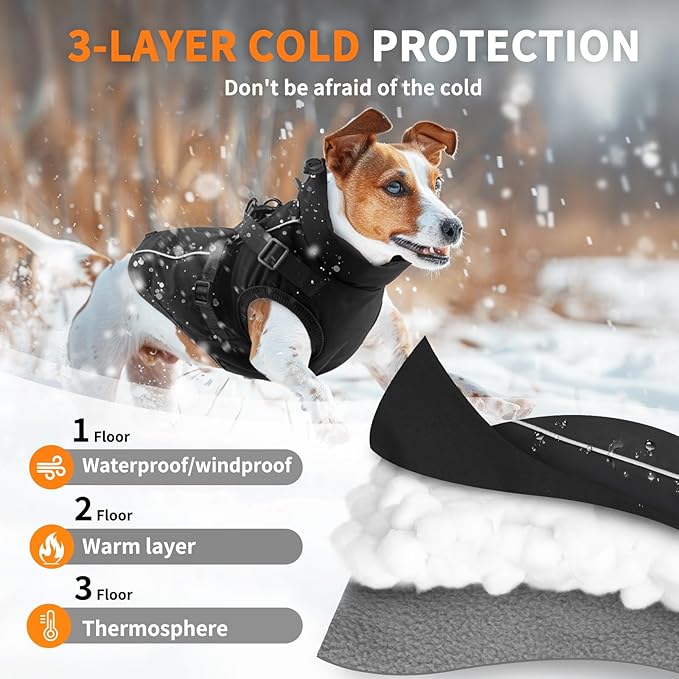 Dog Winter Coat Reflective Water-Resistant Jacket, Fleece Lined Windproof Puppy Coat with Back Zipper & D-Ring, Cold Weather Dog Coats for Small Medium Large Dogs (M, Black)