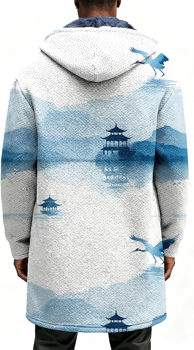 LIZALIG Long Hooded Cardigan Men Japanese Art Style Fashion Cool Graphic Coats Winter Warm Lined Fleece Jacket