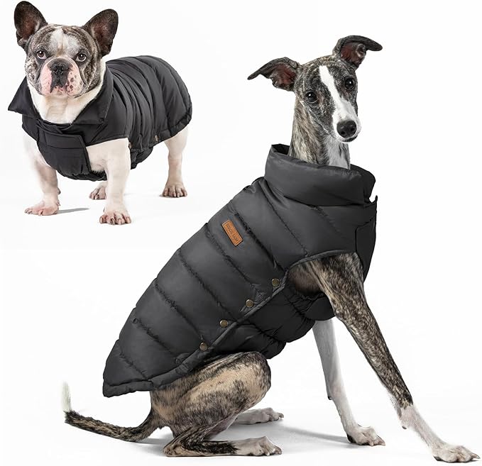 SPACE LION Dog Puffer Jacket, Down Winter Coat, Durable Outdoor Coat for Cold and Windy Conditions, Waterproof, Lightweight Jacket, Adjustable Fit for Small, Medium, Large Dogs(Black,12/M)