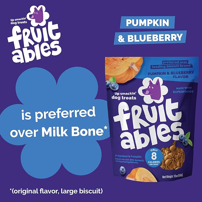 Fruitables Baked Dog Treats, Healthy Pumpkin Treat for Dogs, Low Calorie & Delicious, No Wheat, Corn or Soy, Made in the USA, Pumpkin and Blueberry Flavor, 7oz