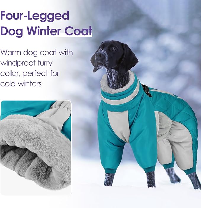 SUNFURA Full Body Dog Coat - Warm Fleece Jacket for Large Dogs, Turtleneck Winter Coats with Harness, Reflective Dog Snowsuit Windproof Puffer Jackets with Legs for French Bulldog, Turquoise L