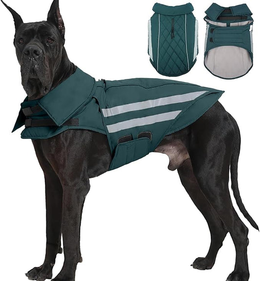 Winter Dog Coat Waterproof Reflective Dog Jacket for Extra Large Dogs with Harness Hook & Loop Turtleneck Fleece Snowsiut for Dogs Great Dane, Green 5XL