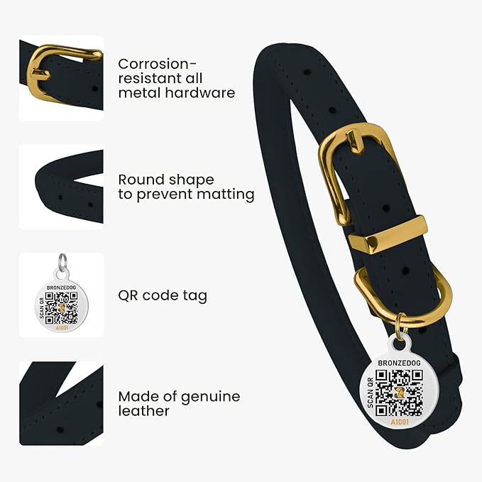 BronzeDog Rolled Leather Dog Collar with QR ID Tag, Adjustable Soft Round Collars for Small Medium Large Dogs Puppy (7" - 10" Neck Size, Dark Blue)