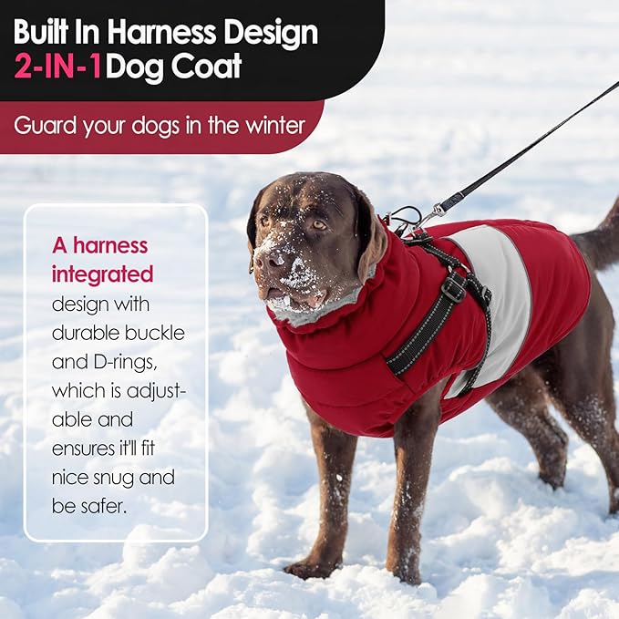 AOFITEE Dog Coat Warm Dog Winter Coat, Waterproof Dogs Jacket with Harness, Dogs Snow Jacket Snowsuit with Zipper & Furry Collar, Reflective Windproof Pet Sweater for Cold Weather, French Bulldog, L