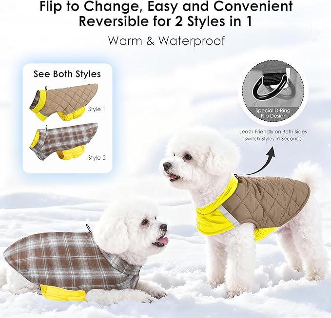 Quilted Dog Winter Coat, Plaid Lined Reversible Vest, Reflective Safety Strip, Cold Weather Pet Apparel Yellow XS