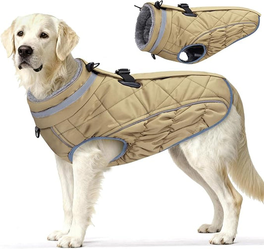 Dog Coat, Warm Dog Winter Coat for Large Dogs, Waterproof Jacket with Harness Built in, Reflective Turtleneck Cold Weather Coats with Zipper,Pet Fleece Vest Snow Jacket, Brown L