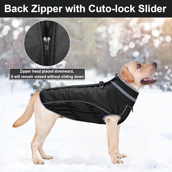 Malier Dog Coat, Reflective Dog Jacket Waterproof Windproof Puppy Cold Weather Coats with Harness Built in, Winter Extra Warm Pet Coat Fleece Vest for Small Large Pets and Puppy (Black, Large)