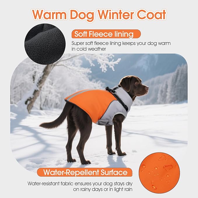 DENTRUN Dog Coat with Harness Built in, Outdoor Reflective Dog Jacket, Windproof Water-Repellent No Sleeves Coat for Large Golden Retriever, Orange, XL