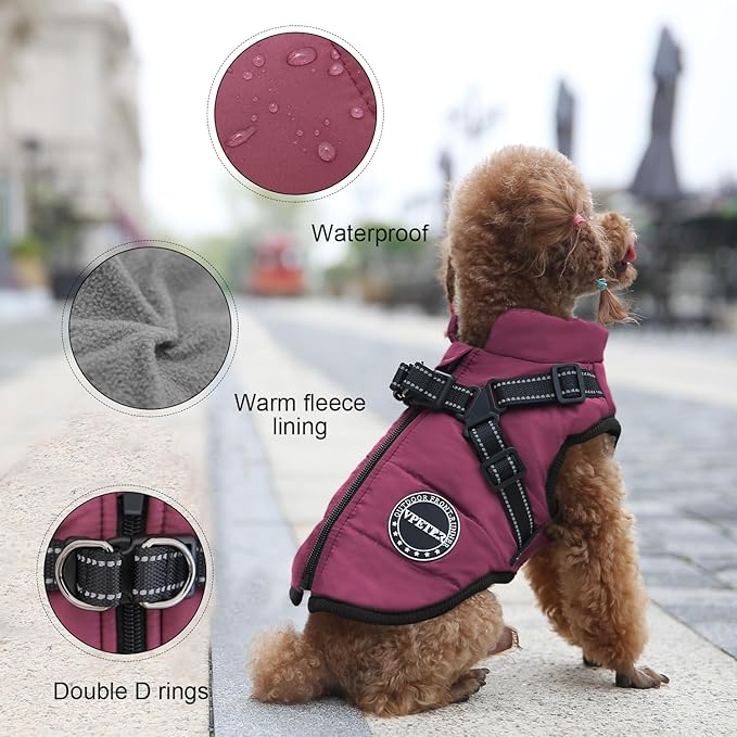 Dog Winter Coat,Warm Jacket Paded Fleece Pet Vest with Built in Harness, Windproof Reflective Cozy Adjustable Snow Dog Coat Clothes with Zipper for Small Medium Large Dogs