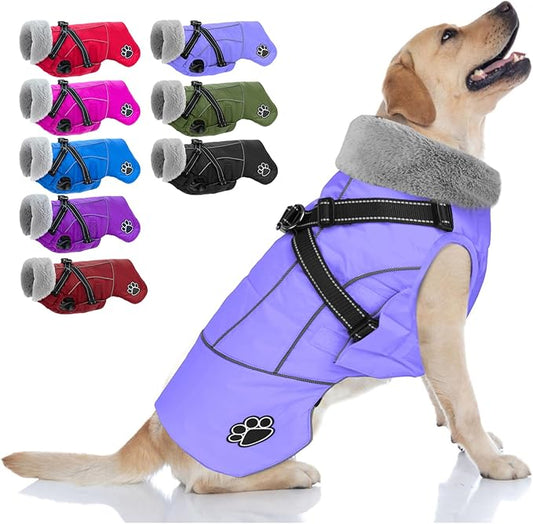 Doglay Dog Coat with Harness, Reflective Warm Dog Jacket Waterproof Puppy Winter Coat for Cold Weather, Adjustable Fleece Jacket for Small Medium Large Dogs