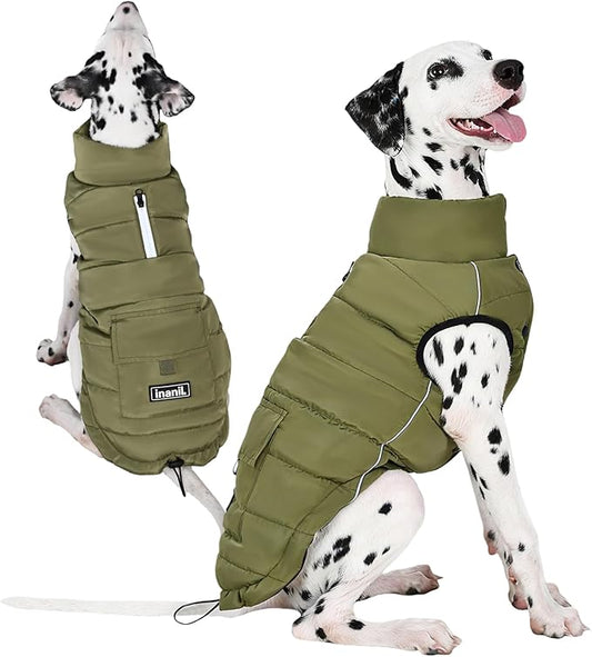 Dog Winter Jacket Waterproof, Reflective Fleece Lined Dog Coats for Small Medium Large Dogs, Warm Snow Coat for Dogs, Insulated Cold Weather Dogs Puffer Jackets with Leash Hole, Olive, 2XL