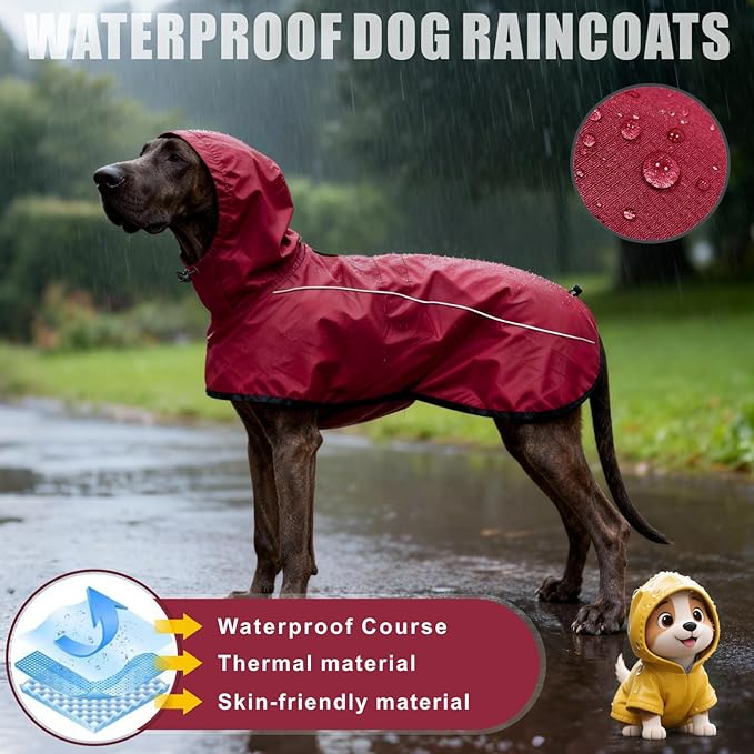 Mosucoirl Dog Raincoat Jacket Reflective Adjustable Hooded Pet Poncho Rain Coats with Leash Hole Waterproof Clothes for Small Medium Large Dogs (Red, XXL)