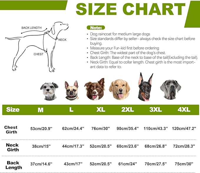 Dog Raincoats for Large Dogs with Hood, Waterproof Dog Rain Jacket with Adjustable Built-in Harness & Back Zipper, Reflective Strip, for Rainy Walks, Muddy Roads - Fluorescent Green XXXL
