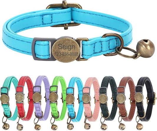 Cat Collar Breakaway, Personalized Leather Cat Collar with Bells -Adjustable Customized Collar with Name & Phone Number Tag for Girl Boy Cats -Quick Release Buckle for Cats & Kittens (Blue)