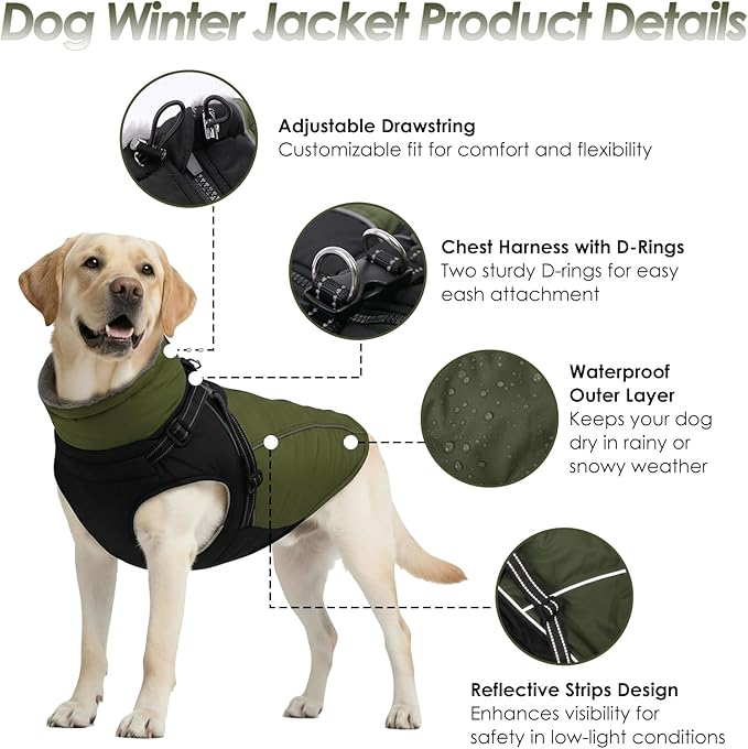 ASENKU Reflective Dog Coat with Built-in Harness, Windproof Fleece-Lined Dog Jacket for Small, Medium, Large Dogs, Warm Winter Vest with Turtleneck & Zipper (Green L)