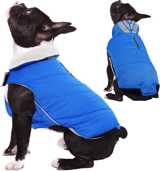 Kuoser Dog Coat Small, Cold Weather Reflective Waterproof Dogs Jacket with Warm Fleece Lining, Turtleneck Dog Winter Coat with Zipper, Doggy Snow Jacket Pet Coats for Small Medium Large Dogs, Blue XS