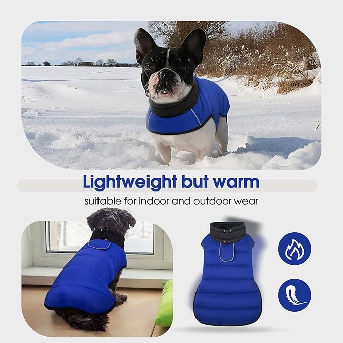 IDOMIK Dog Winter Coat, Warm Waterproof Dog Puffer Jacket with Harness Hole, Adjustable Reflective Snow Jacket Vest with Turtleneck, Pet Cold Weather Coats for Small Dogs,Blue,XS