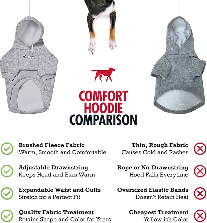 Tuff Pupper Dog Hoodie | Premium Quality 100% Organic Cotton | Ultra Soft Interior for Superior Comfort | Elastic Cuffs & Drawstring for Warmth | Stretch Fit Suitable for All Breeds (Gray, XS)