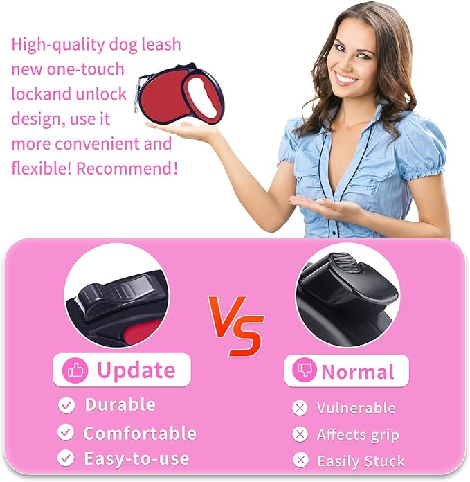 Retractable Dog Leash,[Strong Nylon Tape][One-Handed One Button Lock] for Small Medium Dogs and Cats,16ft Pet Walking Leash with 360°Tangle-Free Design,Anti-Slip Handle,Gift Package (Red)