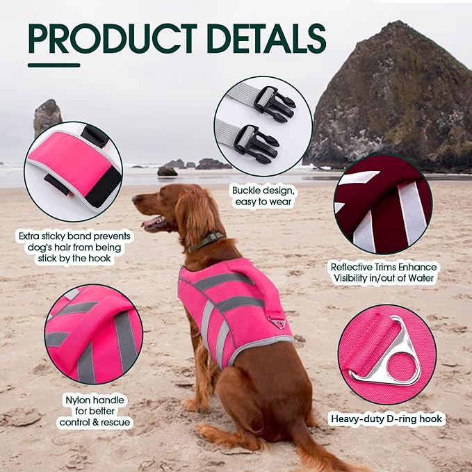 Kuoser Dog Life Jacket for Medium Dogs, Reflective Swimming Vest with High Flotation for Beach Boating, Pink L