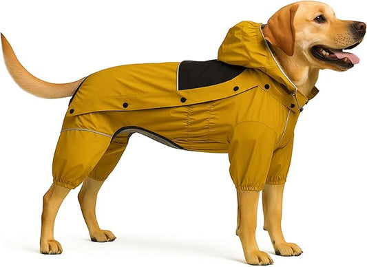 LOVELONGLONG Fleece-Lined Dog Raincoat with Removable Hood – Waterproof Winter Full Body Dog Jacket – Windproof Snowproof Cold-Weather Suit – Yellow-F L