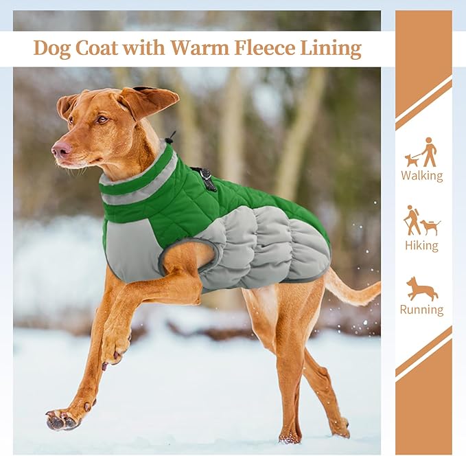 Large Dog Coat, XXLarge Dog Winter Coat, Waterproof Pet Jacket with Back Zipper,Extra Large Pet Coats, Warm Fleece Jacket with D-Ring, Windproof Winter Clothes Golden Retriever,Green,XXL