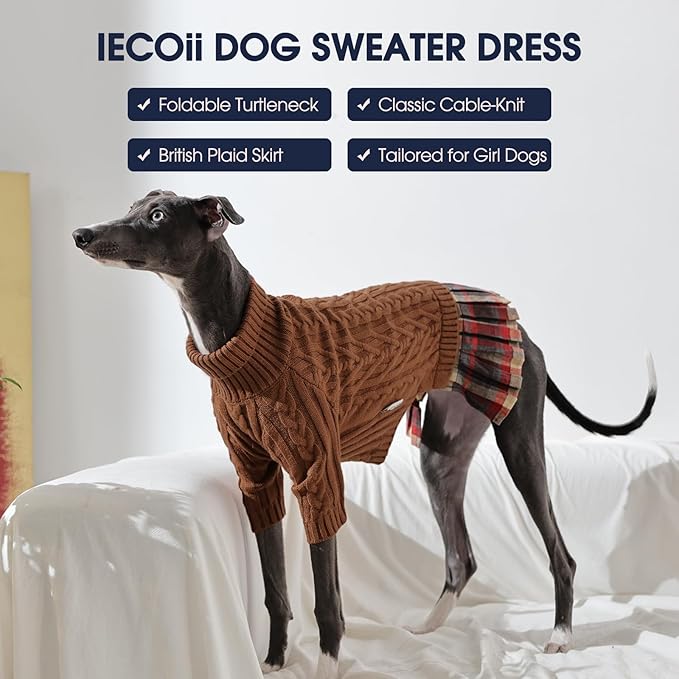 IECOii Girl XXL Dog Sweater Dress, Cozy Cable Knit Dog Sweater for Large Dogs Girl, Caramel,XXLarge, 2XL Pet Pullover Knitted Dress for Winter, Turleneck with Sleeve, Warm Sweaters for Female Pitbull