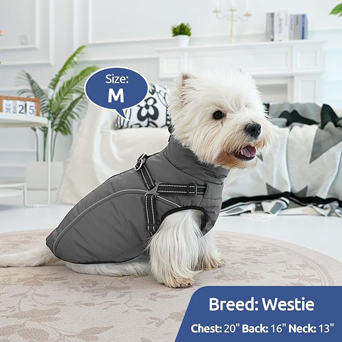 Dog Winter Coat with Harness Built in Warm Puffer Dog Jackets for Small Medium Large Dogs Windproof Waterproof Outfit with Plush Lining and Reflective Stripes (Brown, XS)