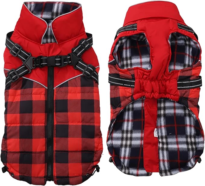 Dog Coat with Harness,Small Dog Winter Coat,Doggie Jackets with Built in Harness,Adjustable Warm Jacket for Medium Large Dogs,Pet Puppy Cold Weather Coats for Dogs Waterproof (PlaidRed, Small)