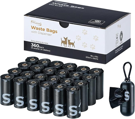 Typlastics Poop Bags for Dogs with Dispenser, Unscented Waste Bags, 360 Count, 24 Pack of 15, Black,70% Recycled Content