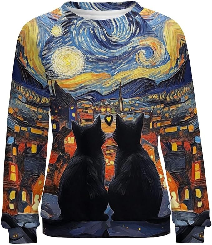 Long Sleeve Shirts for Women Cat Oil Painting Shirt 3D Graphic Sweatshirts Fall Pullover Crewneck Vintage Boho Tops