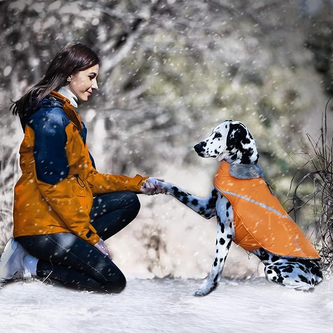 VIVAGLORY Snowrap Dog Coat, Jacket with Harness Hole & Velcro Closure, Dog Coat for Winter & Cold Weather, Fluffy Warm Fleece Lined Reflective Water Resistant for Puppy, XXS, Orange