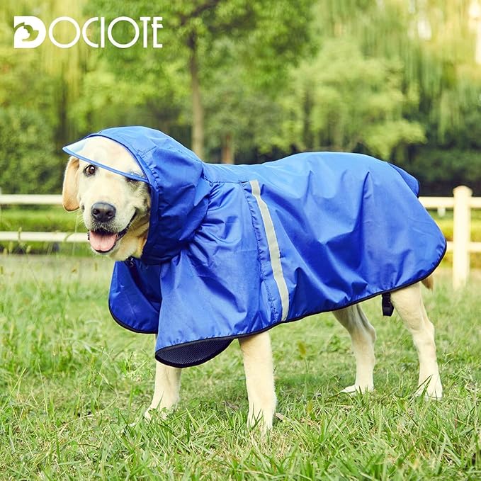 Dog Raincoat with Adjustable Belly Strap and Leash Hole - Hoodie with Reflective Strip - Waterproof Slicker Lightweight Breathable Rain Poncho Jacket for Medium Large Dogs - Easy to Wear